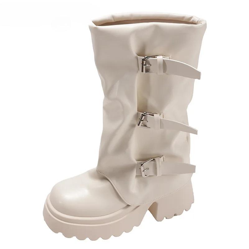Punk Style Women Knee-High Boots Square High Heels Shoes Female Belt Buckle Long Booties Autumn Winter Zapatos De Mujer