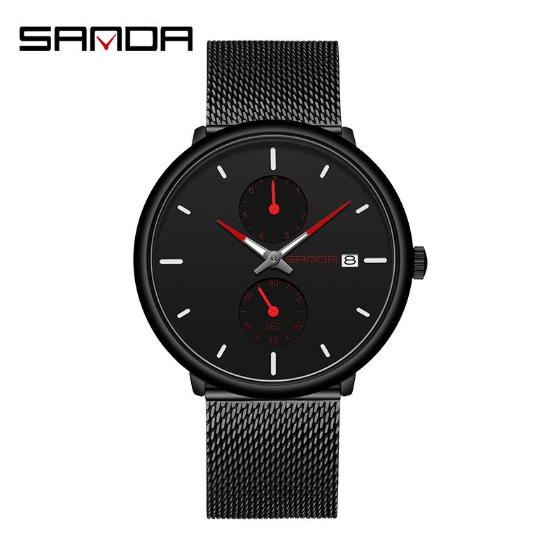 SANDA Men's 3D Leather Strap Waterproof Quartz Mesh Wristwatch - Fashionable & Trendy Calendar Design
