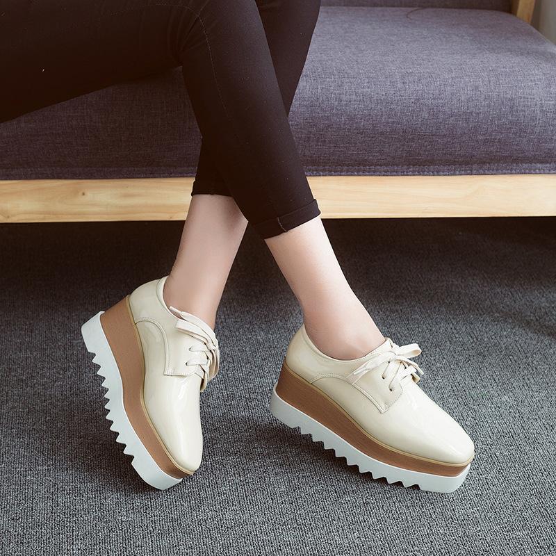 British Platform Muffin Women's New Lace-up Square Head Patent Leather Deep Mouth Single Shoes High Heels Wedges HZB