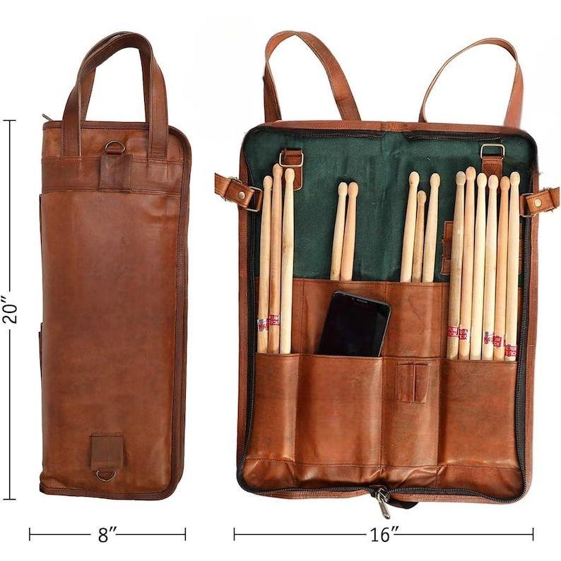 Leather Drumstick Bag Floor Tom Hooks | Holds 10-12 Drumsticks Mallets Brushes | Percussion Stick Bag with Strap & Handles