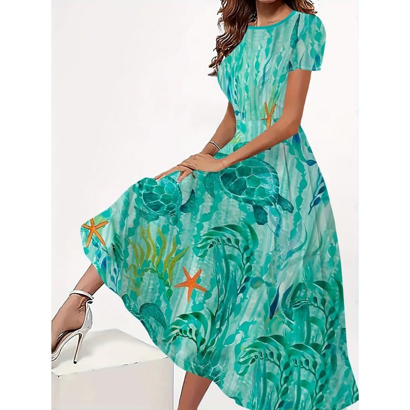 Womens Loose Fit Cotton Print Short Sleeve Round Neck Midi Dress Casual Wear