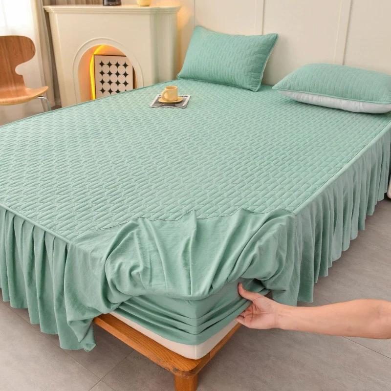 Solid Color Cotton Fitted Sheet Bed Skirt 2-in-1 Dustproof Bedspread Modern Minimalist Mattress Dust Protection Cover