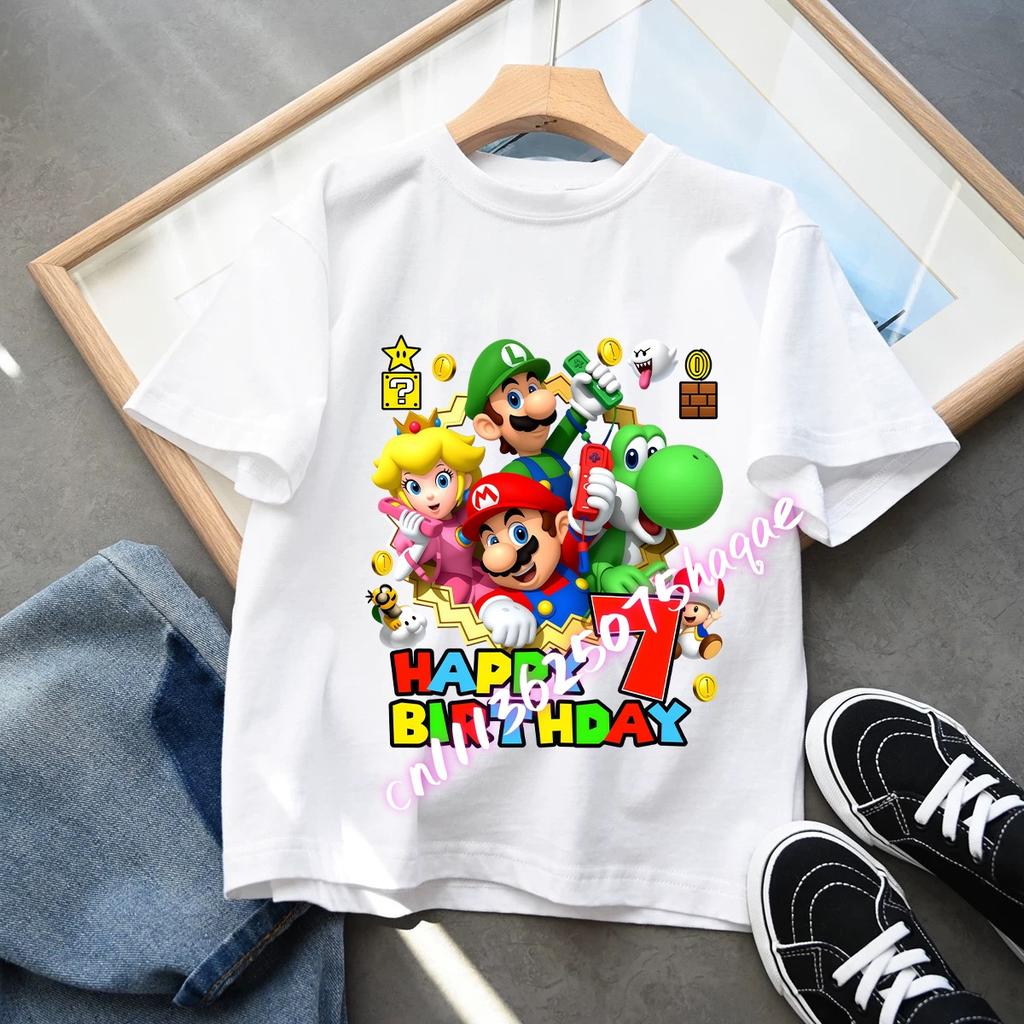 Cartoon Super Marios Children Birthday Number TShirt Clothes Party Figure Print Boys BabyTShirt Blue Short Sleeve Tops Tee Gift