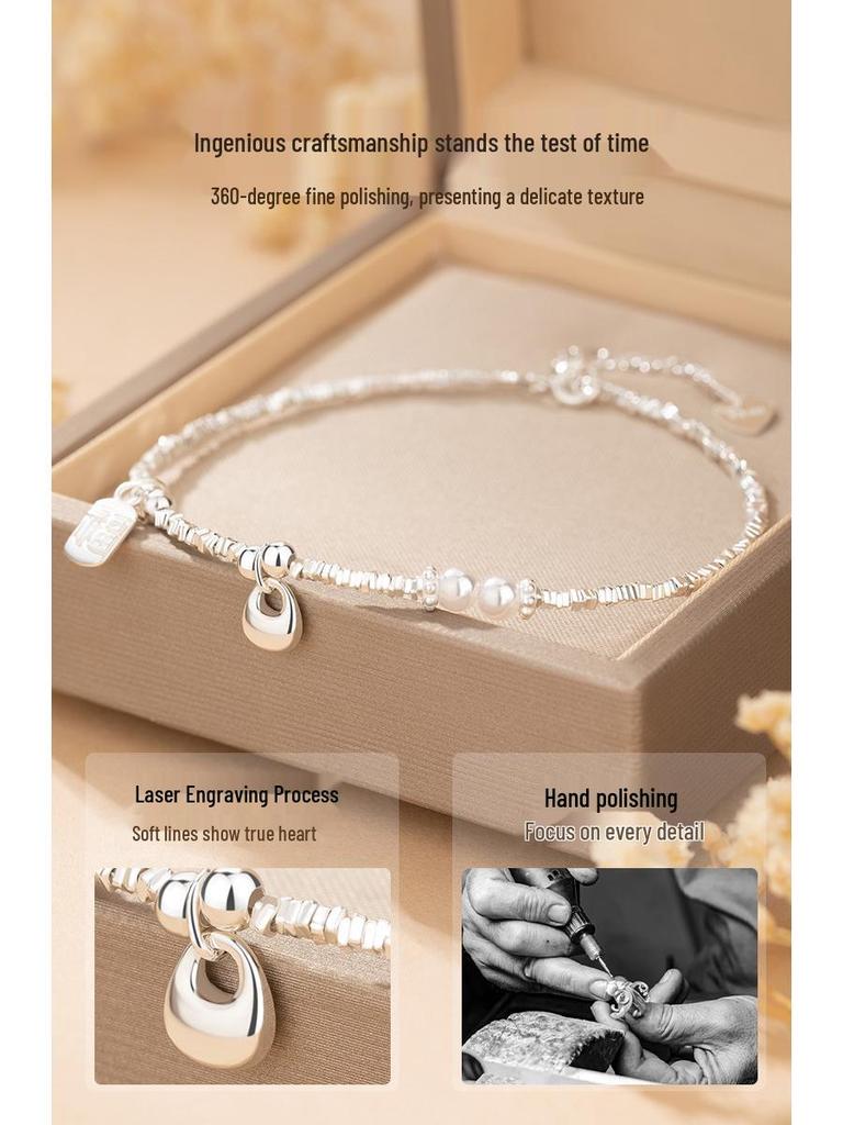 Pearl Crushed Silver Fu Fu Sterling Silver Ingot Bracelet: Exquisite High-End Beaded Bracelet, Ideal Birthday Gift