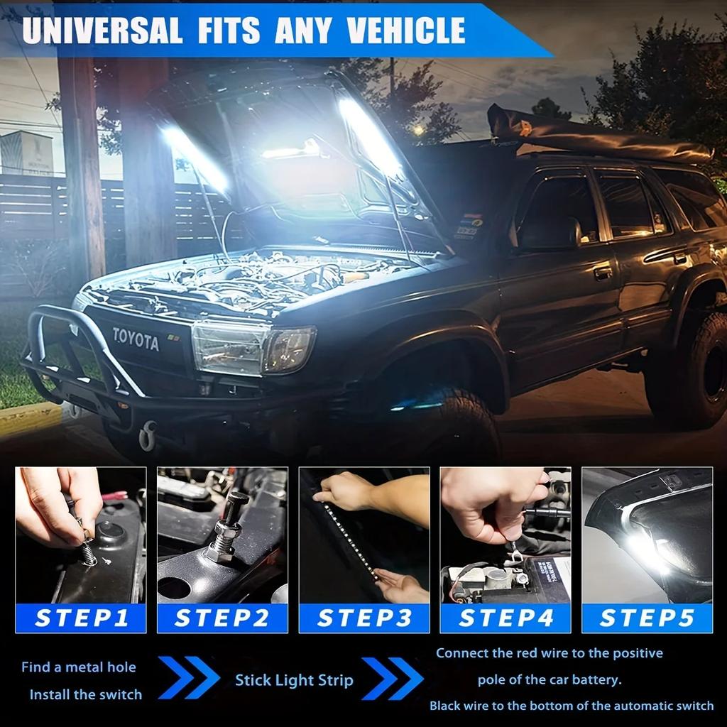 Universal LED Car Under Hood Work Inspection Light Kit Waterproof 12V White LED Strip Light Bars Car Hood Light Fits Any Vehicle
