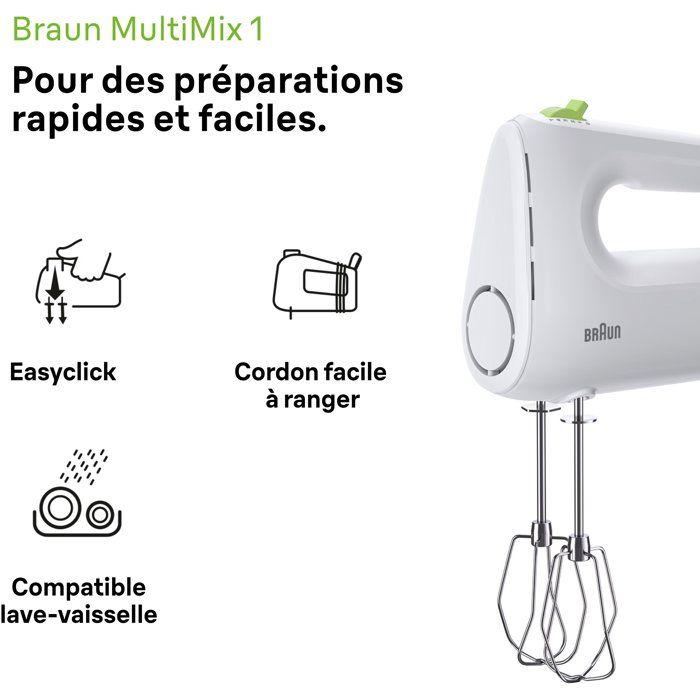 Batteur éléctrique - BRAUN - HM1100WH MultiMix 1 - 450 W - 4 vitesses + turbo - Blanc