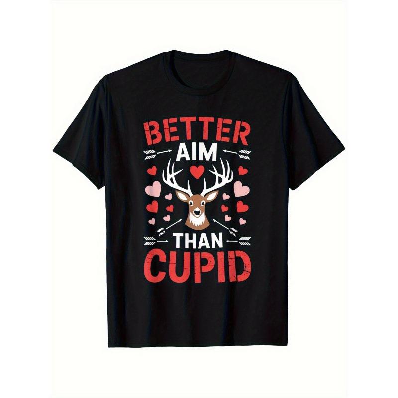 European sizes Valentine S Day Kids Deer Cupid Print Black T-Shirt Medium Stretch Knit Fabric, Regular Fit for Boys & Girls, 98cm чёрный