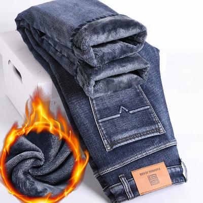 2024 Winter New Denim Thickened Fleece Loose Straight Stretch Versatile Warm Men'S Pants