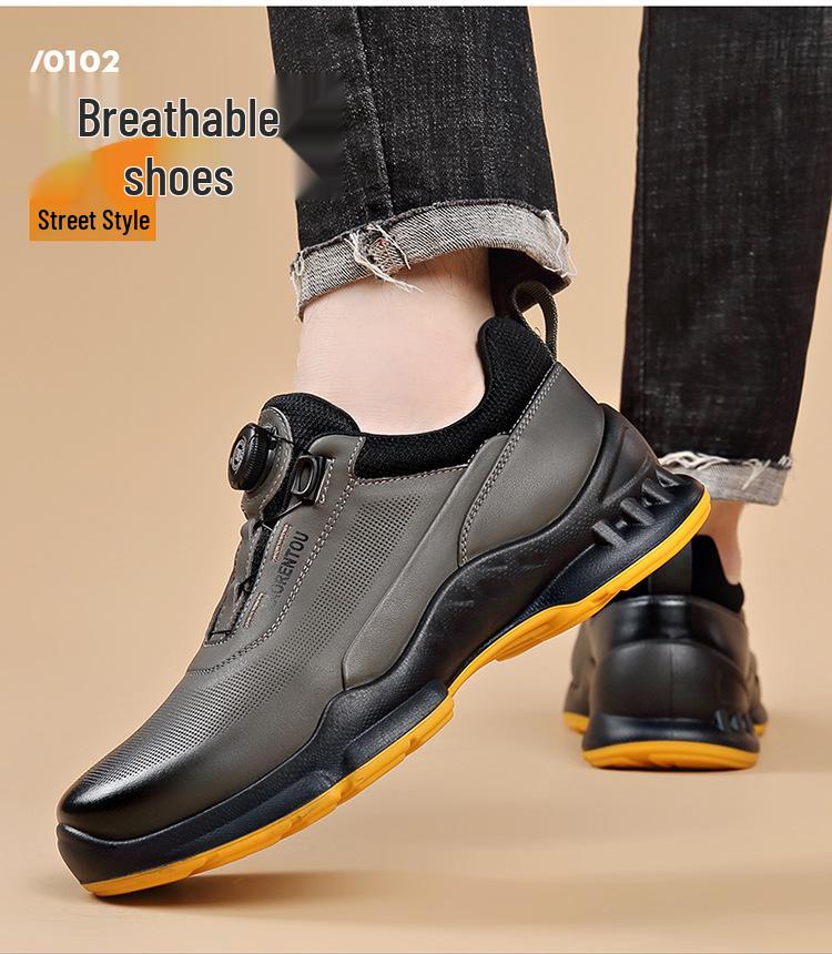 Laorentou Men's Genuine Leather Slip-On Running Shoes with Breathable Mesh and Rotating Buckle.