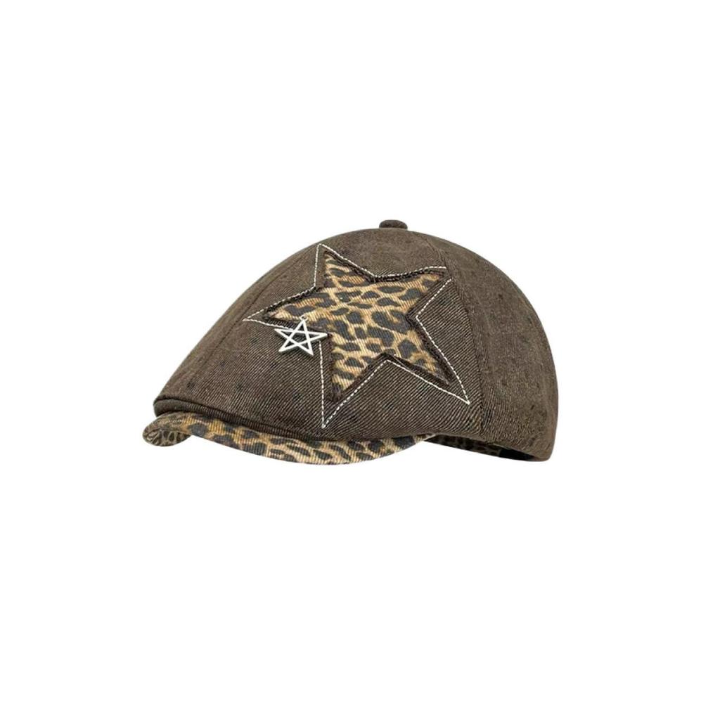 Women's Retro Distressed Denim Painter's Beret with Star Detail