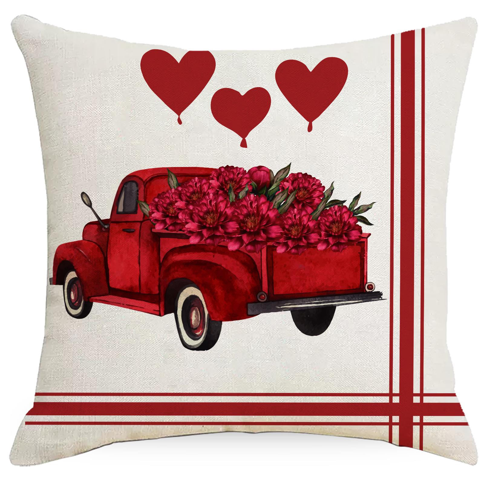 

День святого Валентина Льняная наволочка Красная роза Любовь Принт грузовика Дом Диванная подушка Подушка для спины 45 * 45Cm without pillow core