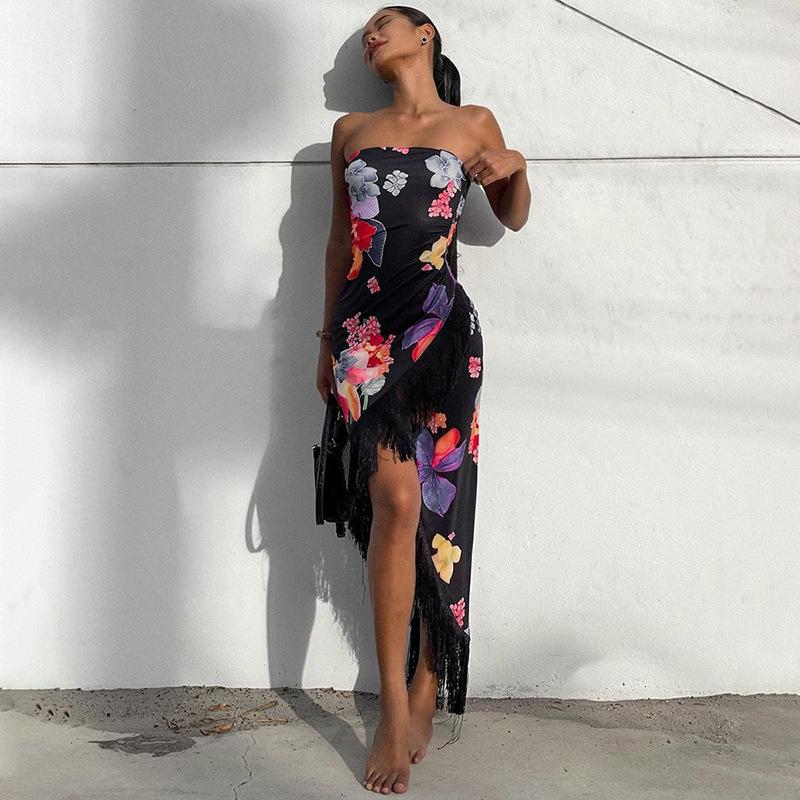 Abiti da Donna Primavera Senza Maniche con Stampa Floreale Nappa Senza Spalline Estivi Casual Slim alla Caviglia Senza Schiena Elastici a Vita Alta con Spacco