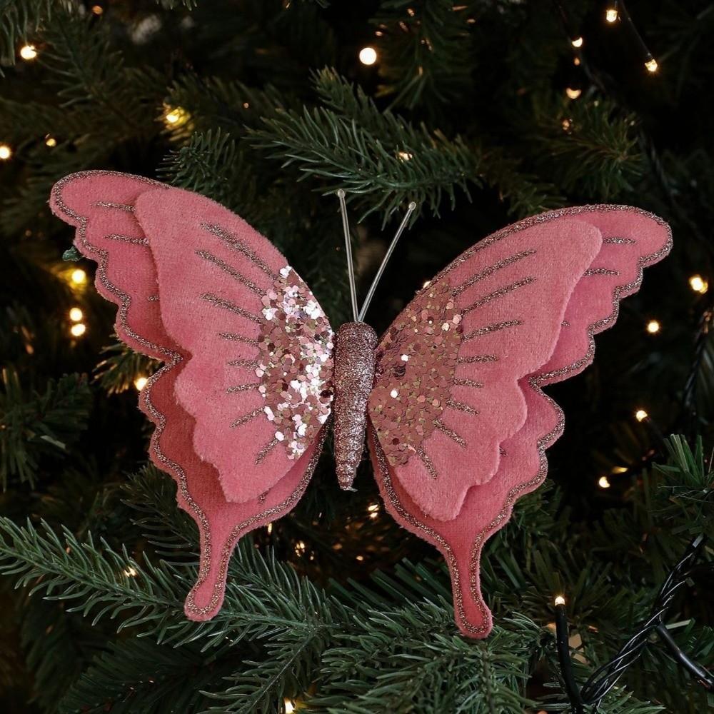 Flocking Christmas Butterfly Ornament Simulation Glitter Butterfly Accessories  Party Supplies