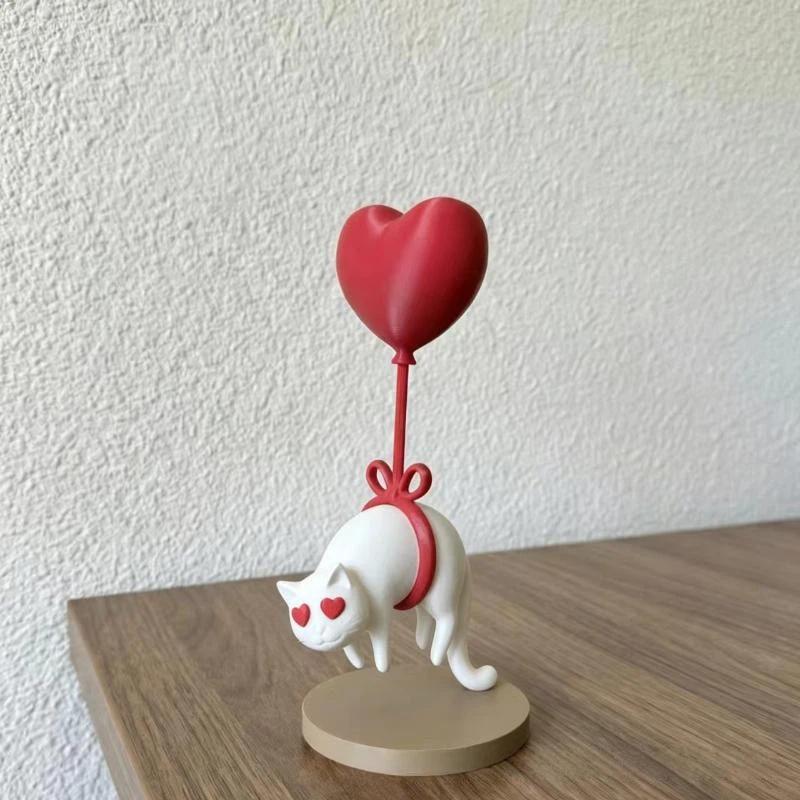 Cute Cat Figurine with Heart Balloon & Bow, Kawaii Resin Craft for Bedroom Desktop Birthday Gift for Cat Lovers