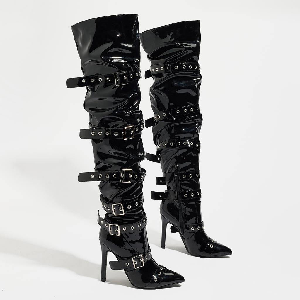 Black Sexy Thin High Heels Patent Leather Women Over The Knee Boot Design Style Narrow Band Buckle Strap Stripper Shoes