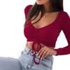 Women Spring Summer Long Sleeve V Neck Solid Color Drawstring Bare Midriff T Shirt