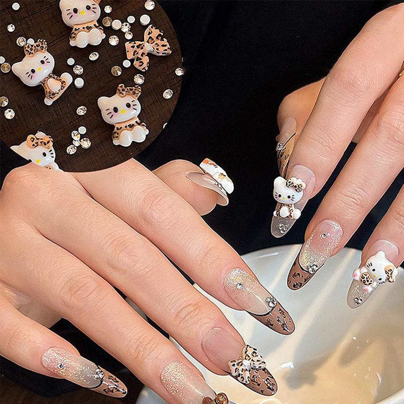 1 Jar Leopard Print Sanrio Hello Kitty Large Bow Nail Art Charm Autumn Maillard Cartoon Resin Nail Accessories Manicure Diy