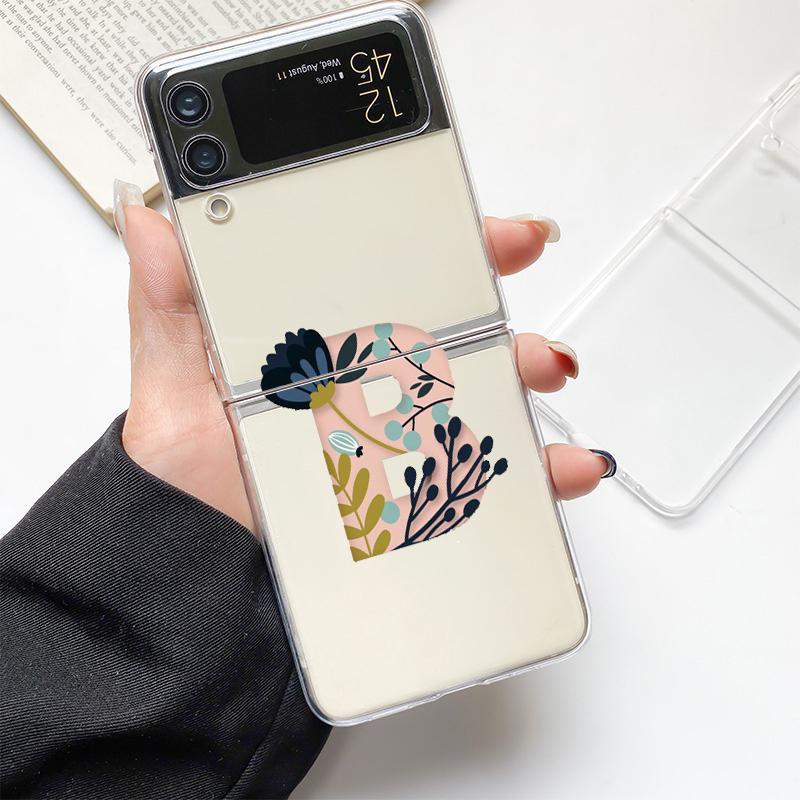 Art Initial Letter A To Z Pink Fashion Phone Case For Samsung Galaxy Z Flip 3 4 5 6 7 Hard Folding Z Flip4 Clear PC Cover Gift