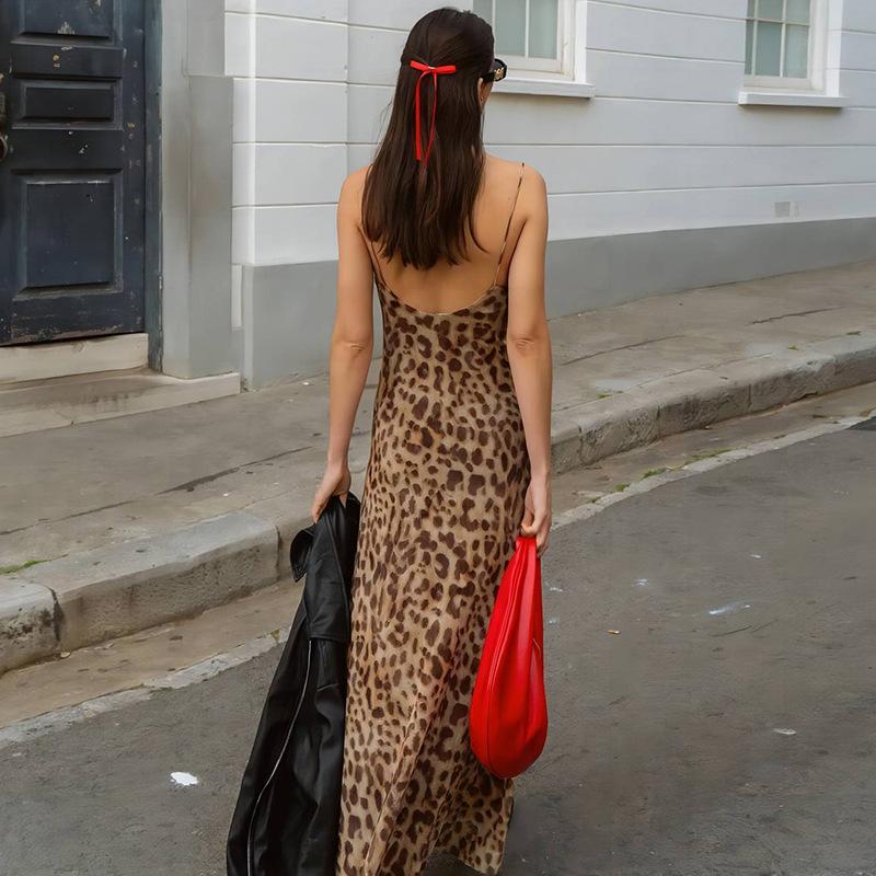 Leopard Print Sling Maxi Dress For Women Summer Elegant Backless Sleeveless Slip Long Dress Female Sexy Party Vestidos
