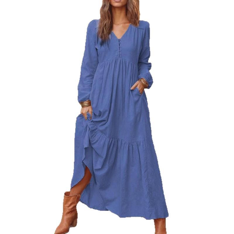 Loose Fit V-Neck Long Sleeve Button Front Midi Dress with Pockets and Side Slit