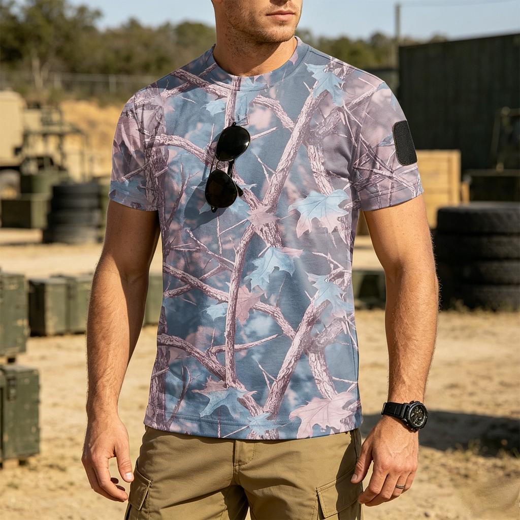 Men's Tactical Short Sleeve T Shirt Loose Fit Breathable Quick Dry Outdoor Sports Tee with Hook and Loop Patch Area