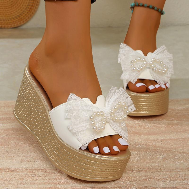 Fashion Pearls Lace Bow Chunky Platform Sandals Women Summer Peep Toe Thick Sole Slippers Woman Plus Size Fashion Wedge Heeled Sandals