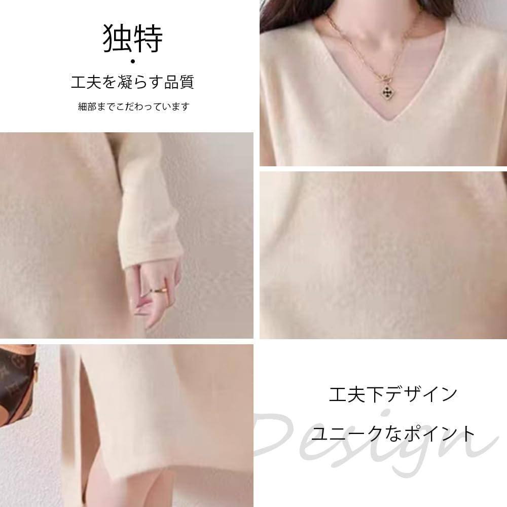 Vestido de Tricô de Lã PHOLEEY com Mangas Longas e Perfeito para o Outono e Perfeito para o Trabalho ou Encontros Feminino 100% Gola V, Mangas, Fendas, Inverno,