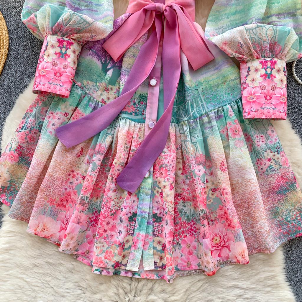 Summer Spring Women Lantern Sleeve Stand Collar Print Mini Short Beach Vacation Lace-up Dresses