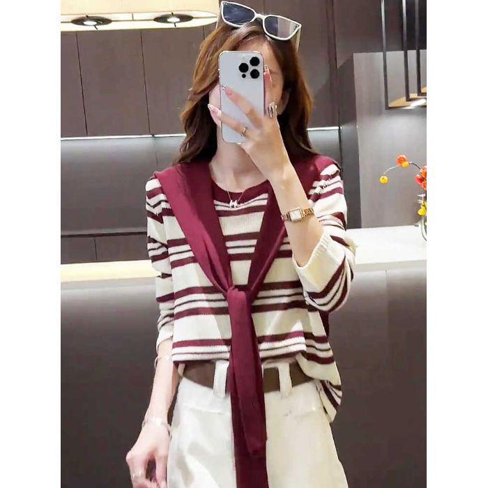 2025 New Women's Autumn Striped Shawl Knitwear: Loose, Relaxed Two-Piece Style for Spring/Autumn