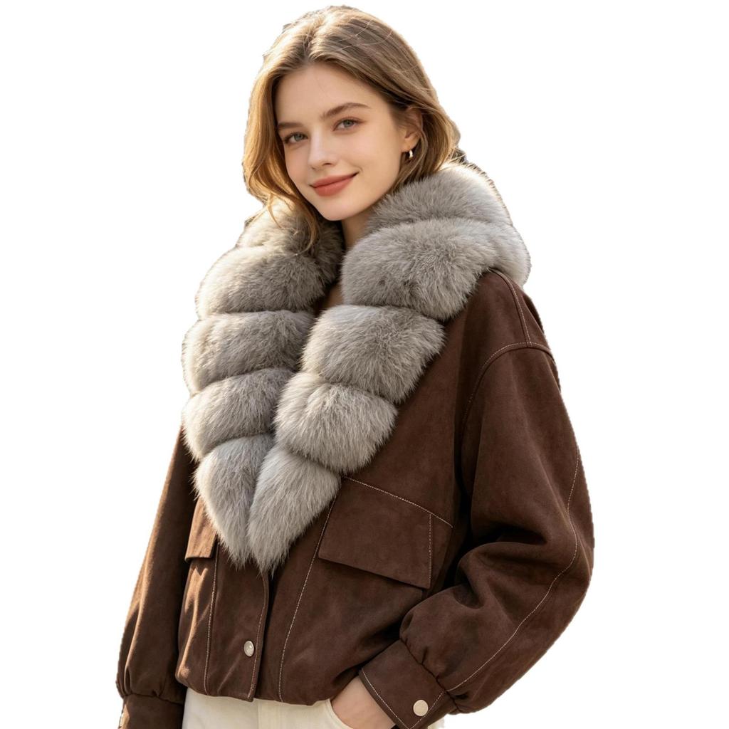 Winter new big fur collar real hair down jacket women's short thickened warm fox fur collar suede pie overcome