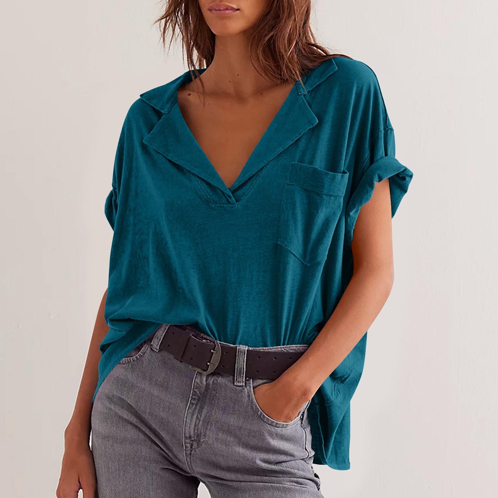 

Женская модная летняя футболка с V-образным вырезом и карманом XXL синий