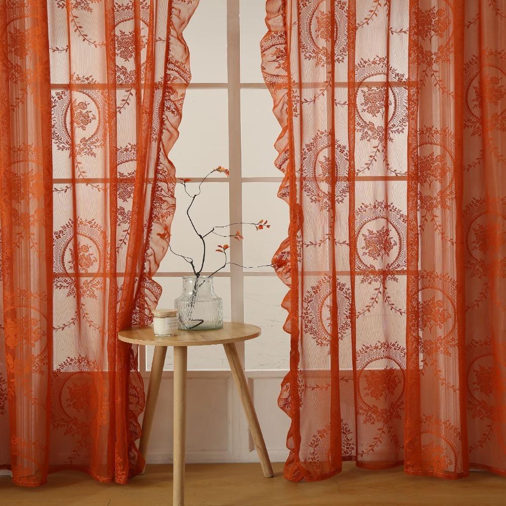 2 Pcs Ruffled Edge Gauze Curtain Retro Lace Sheer Curtain Romantic French Lace Floral Curtain  Door