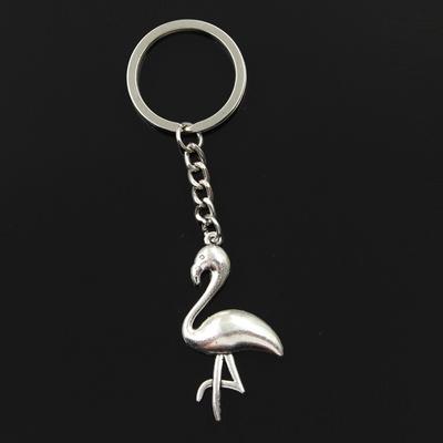 Fashion 30mm Key Ring Metal Key Chain Keychain Jewelry Antique Bronze   Single Stand Crane Flamingo 25x46mm Pendant
