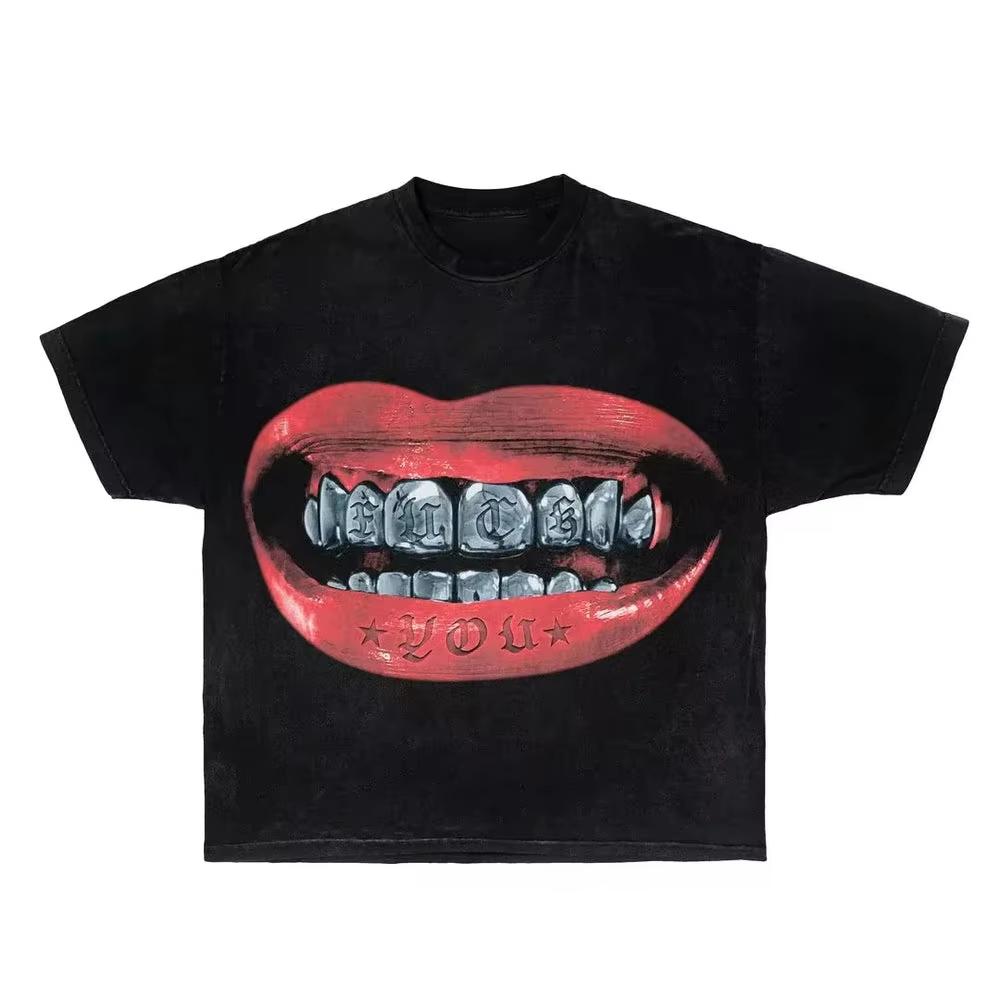 Labbra Chic Denti Dorati Vintage T-shirt Rock Goth Casual Estiva Manica Corta High Street Oversize T-shirt Harajuku Stampa Grafica