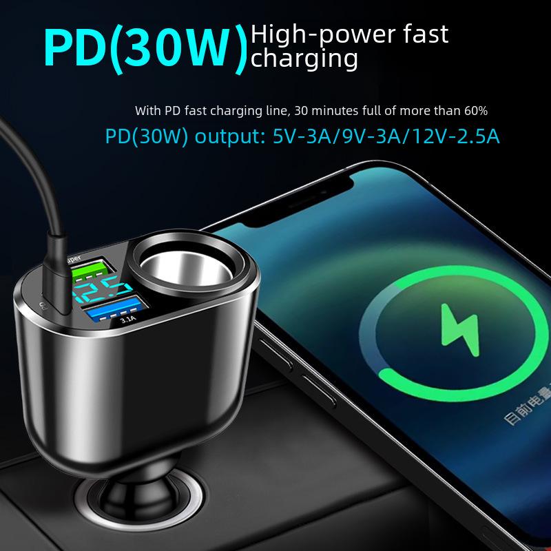 66W Multi-Function Fast Charging Car Charger with Digital Display: 30W PD, One-to-Four Cigarette Lighter Adapter