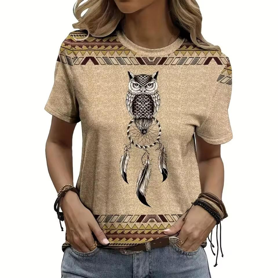 Summer Round Neck 3D Retro Ethnic Style Print Top Fashionable Casual Short Sleeved Women's T-shirts
