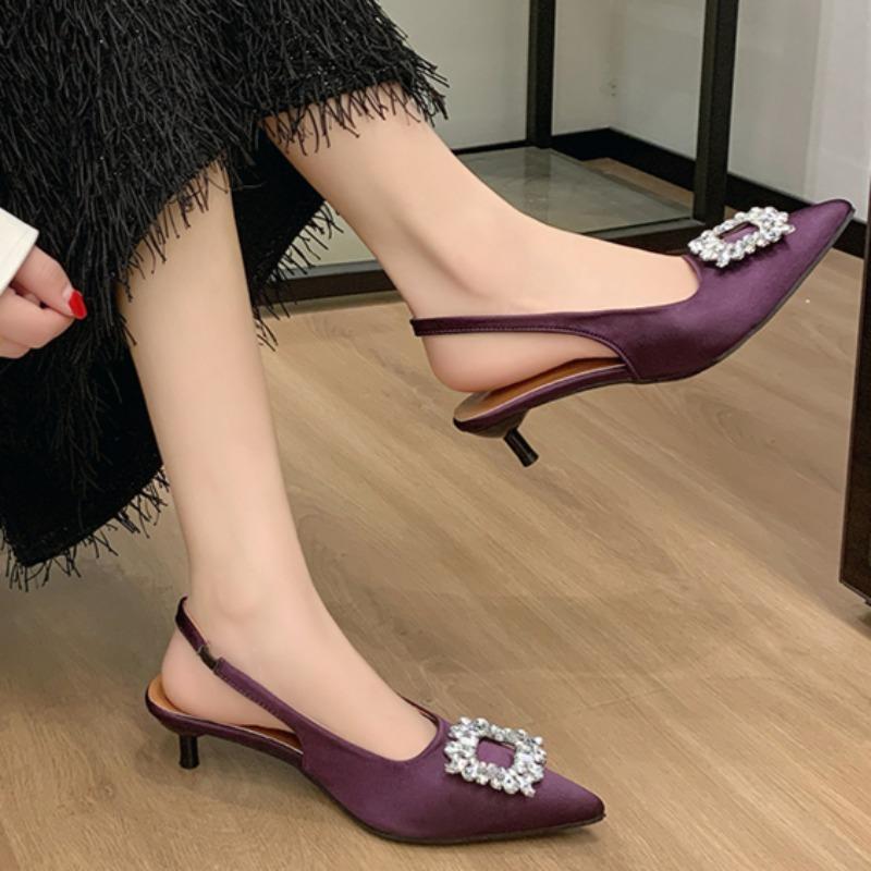 Fashion Baotou Sandals Spring Pointed Head Shallow Mouth Crystal Square Head Cover Foot Anti-slip Wear-resistant Heel Shoes