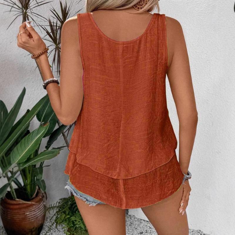 Summer New Women's Vest Suspender Sleeveless Double Layer Ruffle Hem Daily Wear for Travel and Vacation