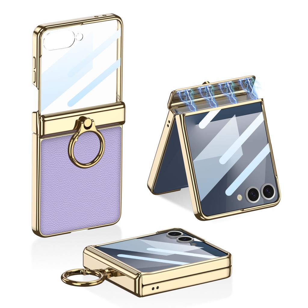 GKK For Samsung Galaxy Z Flip7 5G Kickstand Case Electroplating Magnetic Hinge Protection PU PC Tempered Glass Phone Cover