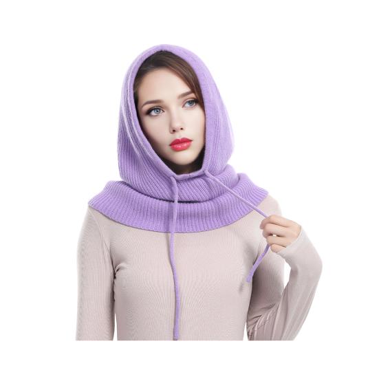 Strickmütze Schal Kombi Einfarbig Verstellbarer Kordelzug Kapuzenschal Damen Winter Warm Winddicht Elastisch Thermomütze