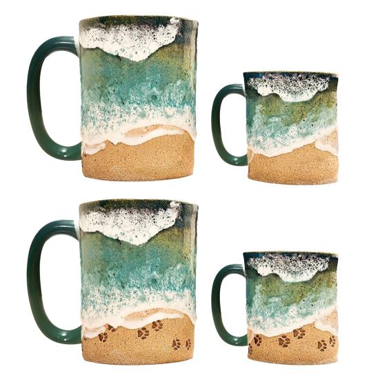 Yousheng Paw Print Ocean Shoreline Mug Ceramic Coffee Cup Handmade Waves Pattern Tea Mug 11oz/15oz Sea Foam Claw Drinking Mug Beach Souvenir Gift