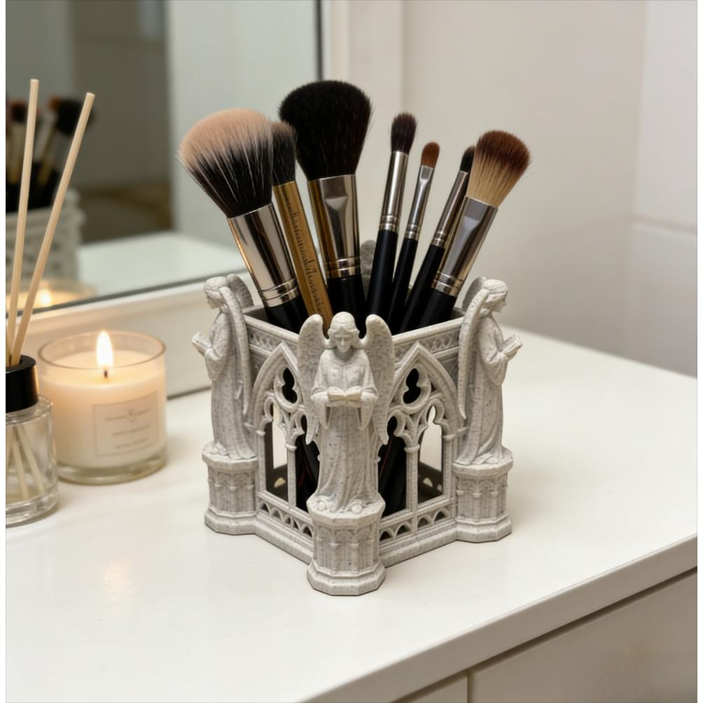 Vintage Gothic Cathedral Arch Angel Figurine Pen Holder 3D Printed Desk Organizer Aesthetic Decor for Makeup Brushes& Stationery