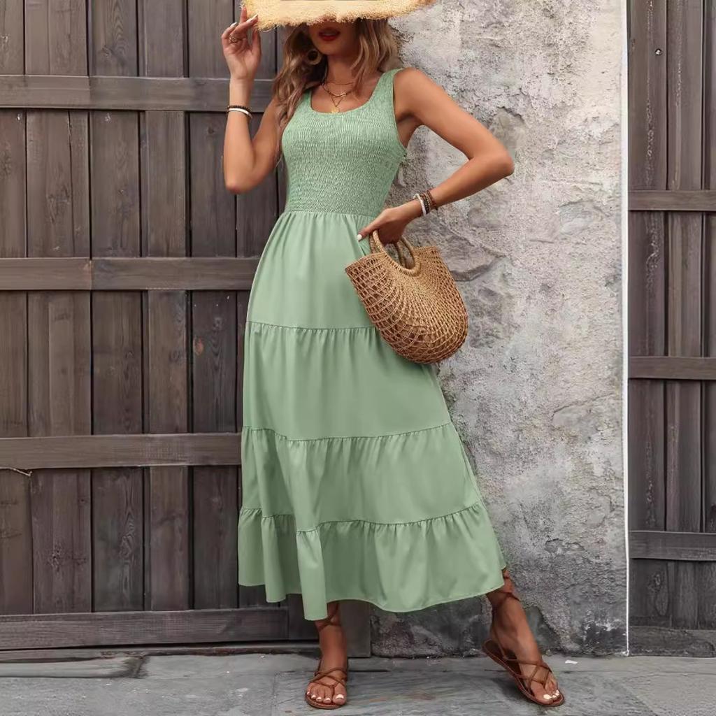 Dames U-hals Mouwloze Midi Jurk Losse Pasvorm Hoge Taille Elegante Gelaagde A-lijn Maxi Jurk