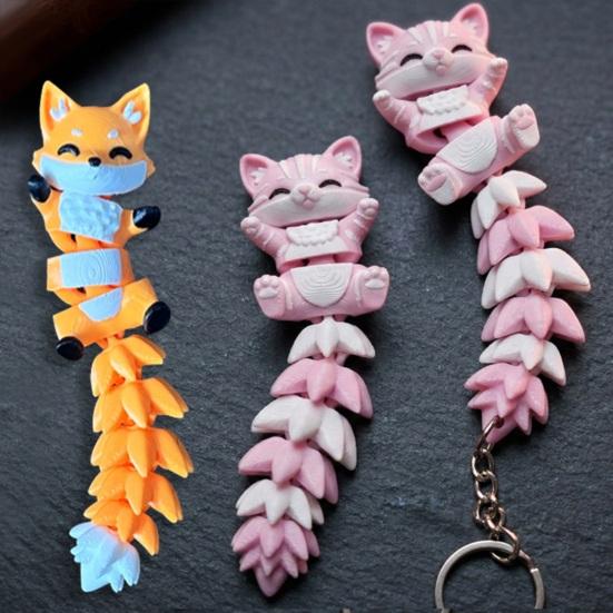 Keychain Cartoon Cat Fox Design with Metal Ring Keychain Pendant 3D Printed Movable Joints Flexible Body
