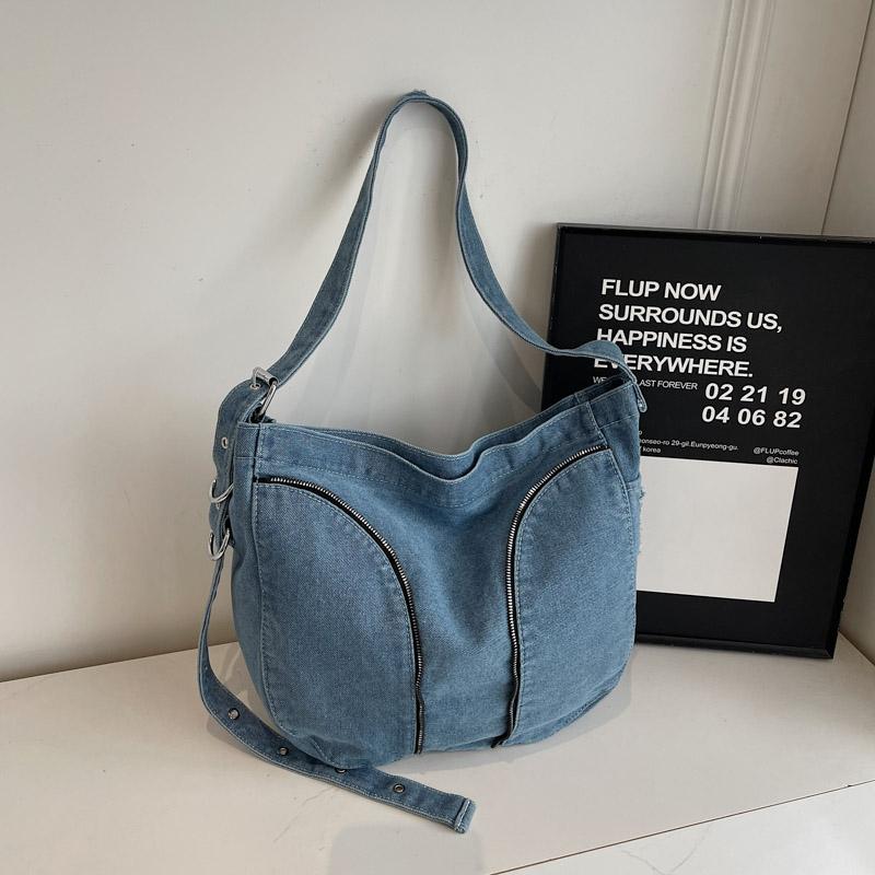 Denim Messenger Bag med Stor Kapacitet Dam Vintage Axelväska Crossbody-väska