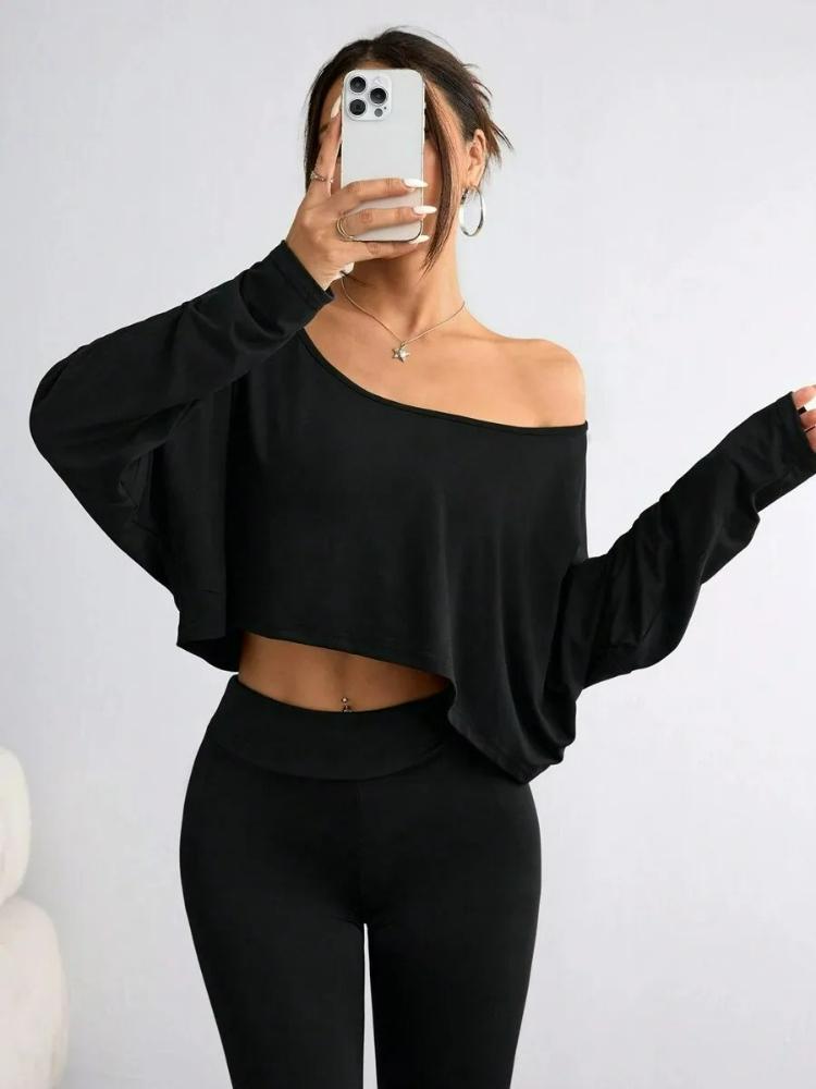 2026 Women'S Black Long Sleeve Blouse T-shirt Casual Asymmetrical Neck Strapless Top for Sporty