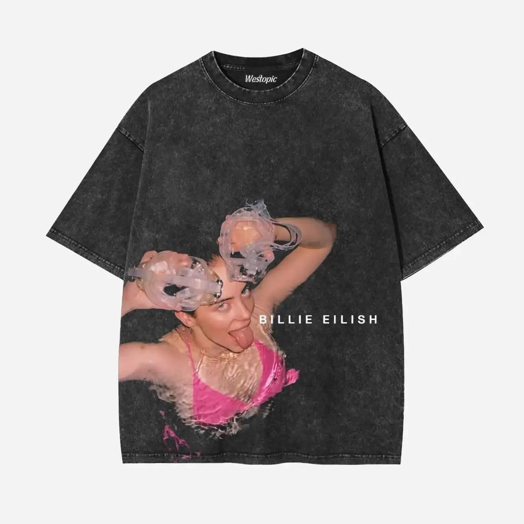 BILLIE EILISH Americké Trendy Vintage Prané Grafický Potisk Trička Pánské Dámské Vrcholy Oversized Bavlna Krátký Rukáv Oversized Trička