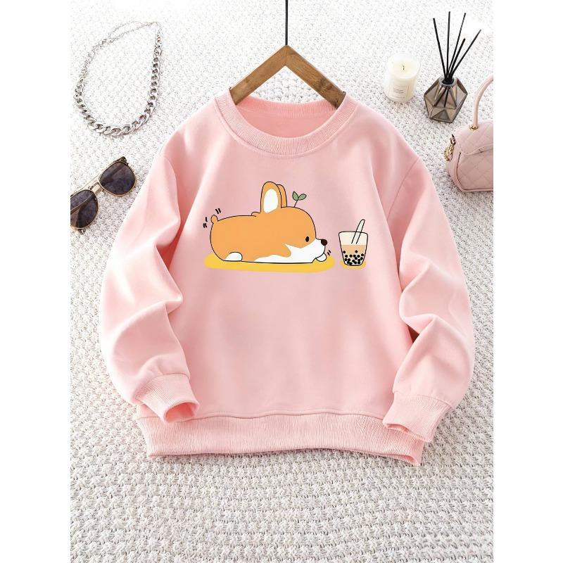 Girls' Round Neck Sweatshirt with Corgi and Bubble Tea Print, Essential for Back-to-School Season, Suitable for Parties