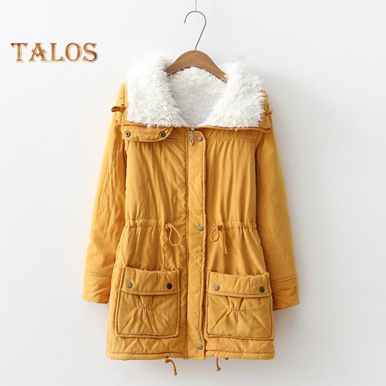 Winter Women Jacket Thickened Plush Turn-down Collar Long Sleeves Elastic Waist Pockets Zipper Closure Coat Mid Length Windproof Warm Coat
