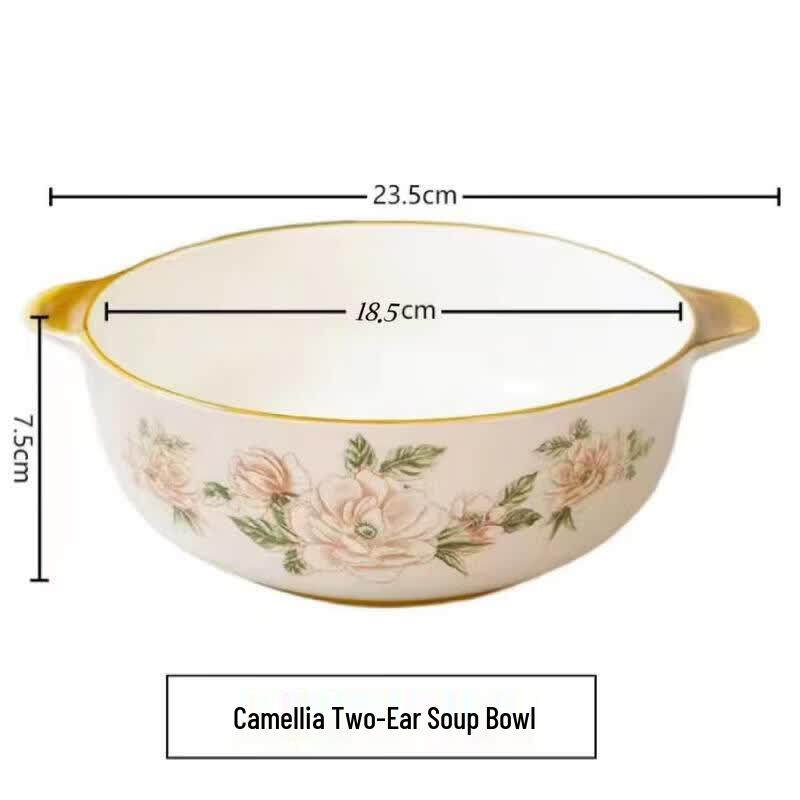 

Japanese Camellia Double-Handle Ceramic Soup Bowl